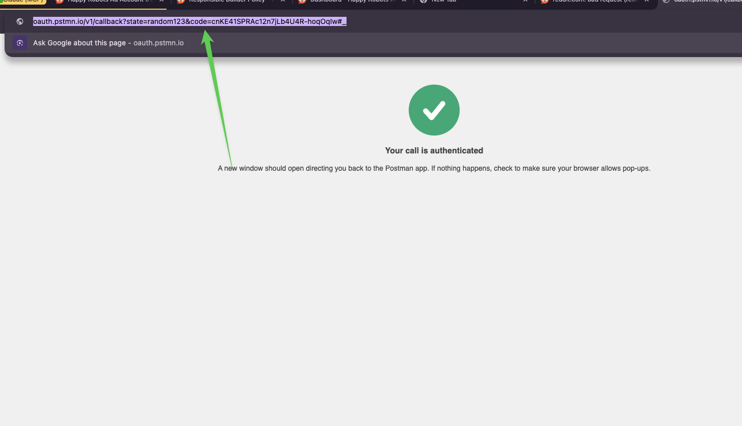 Postman callback page with authorization code in URL